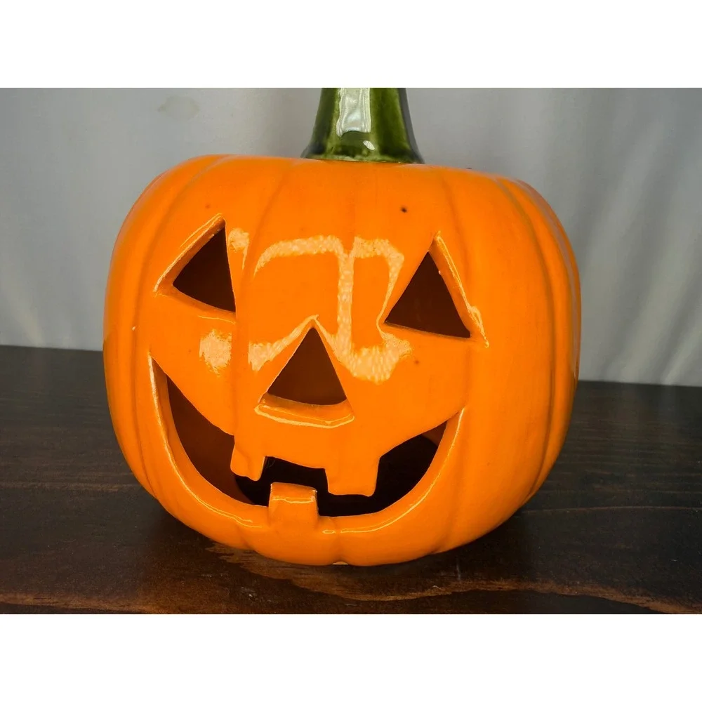 Ceramic Jack-O-Lantern Halloween Pumpkin Lantern Orange Glossy Decor 6 Inch